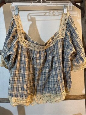 SHEIN Blue and Cream Plaid Crochet-Trim  Top